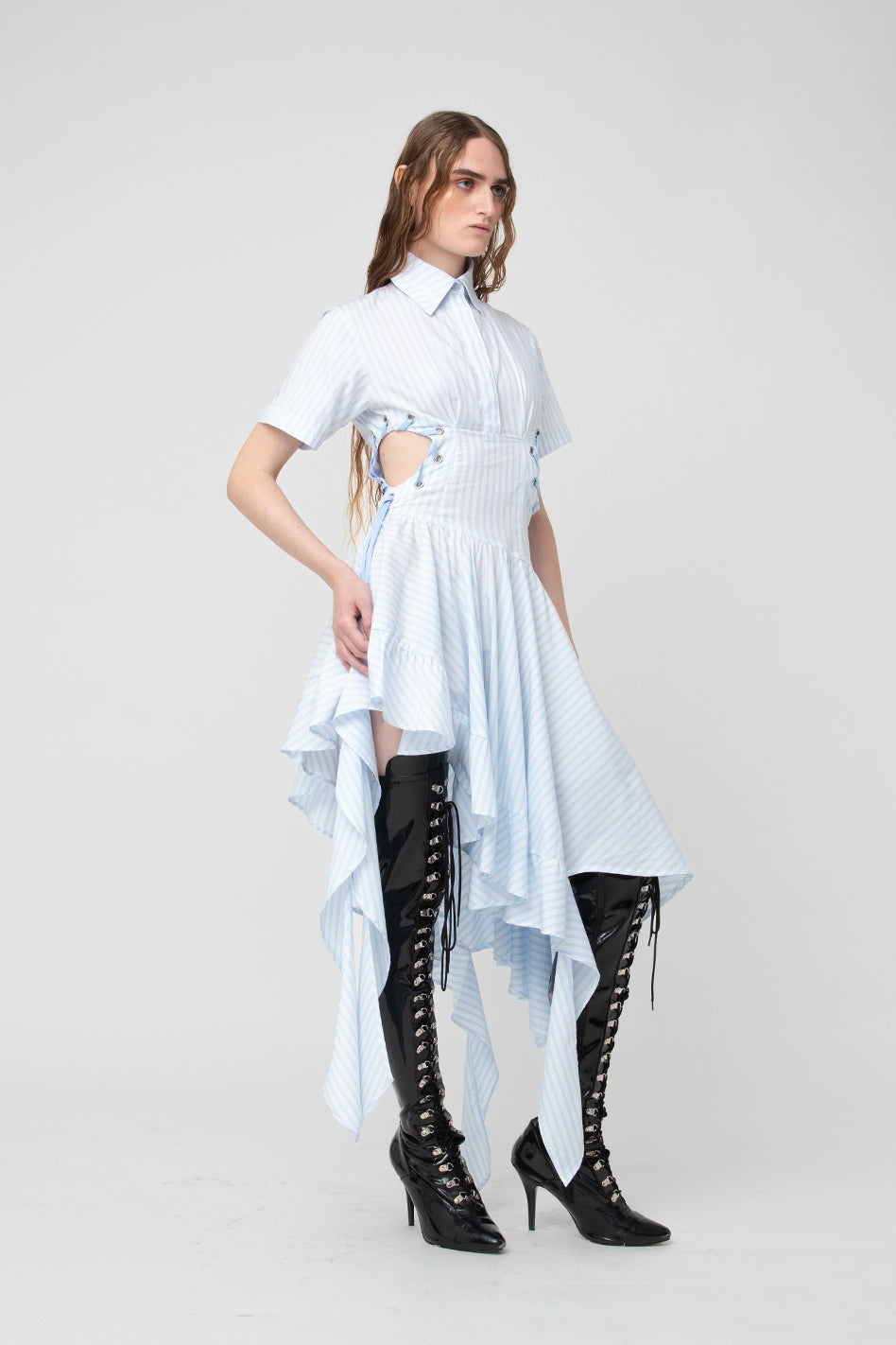 Blue Striped Frills Shirt Dress
