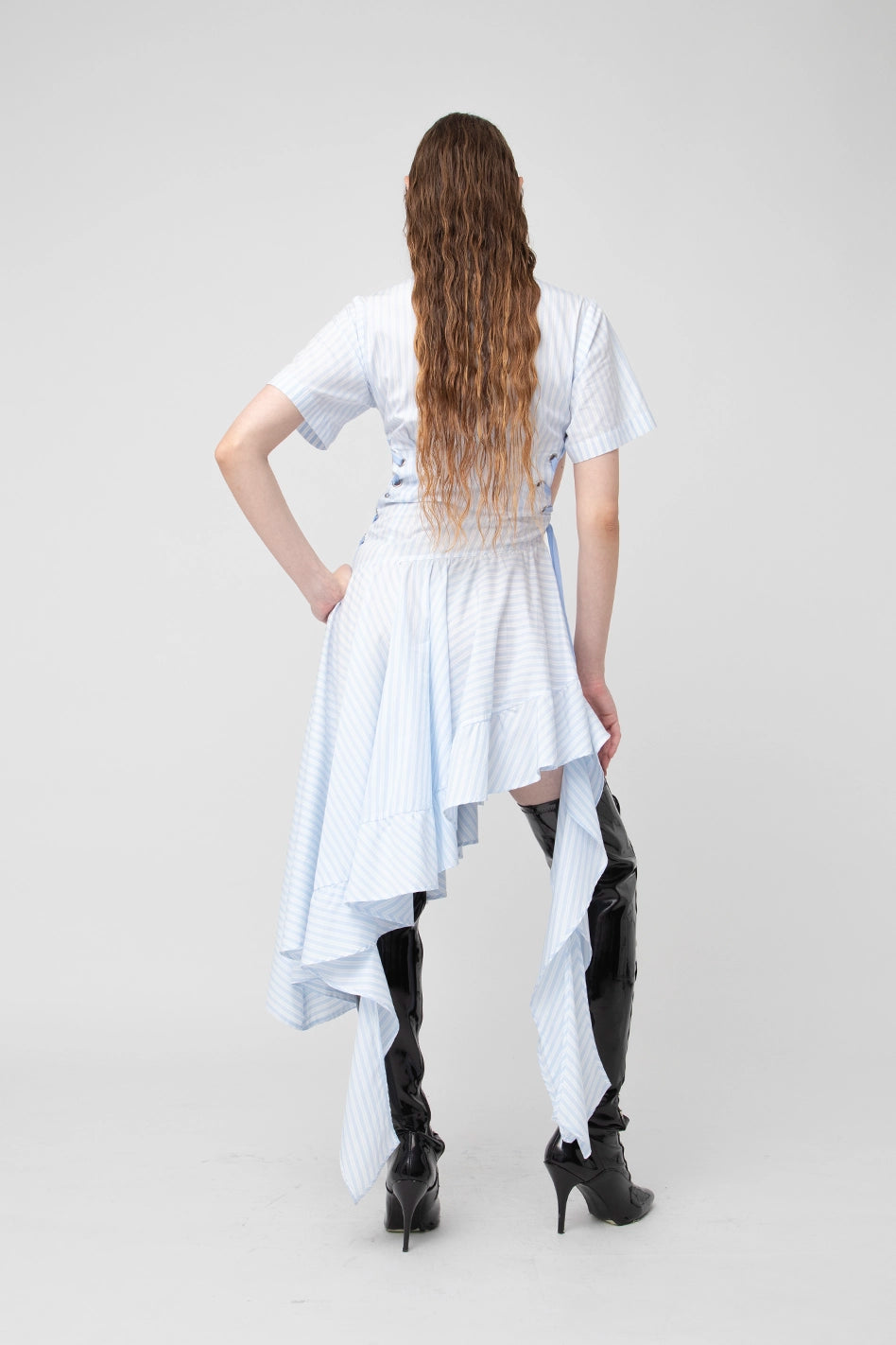 Blue Striped Frills Shirt Dress