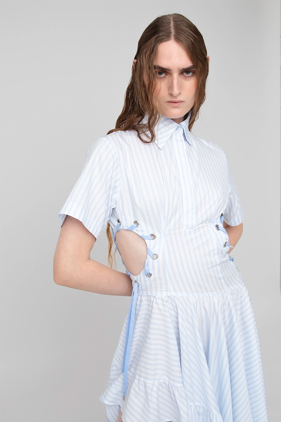 Blue Striped Frills Shirt Dress