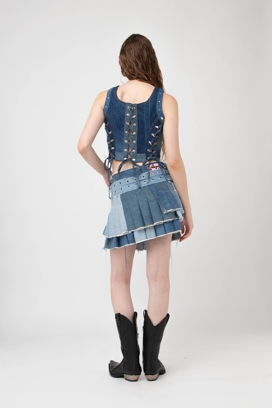 Upcycled Pleated Mini Skirt Blue