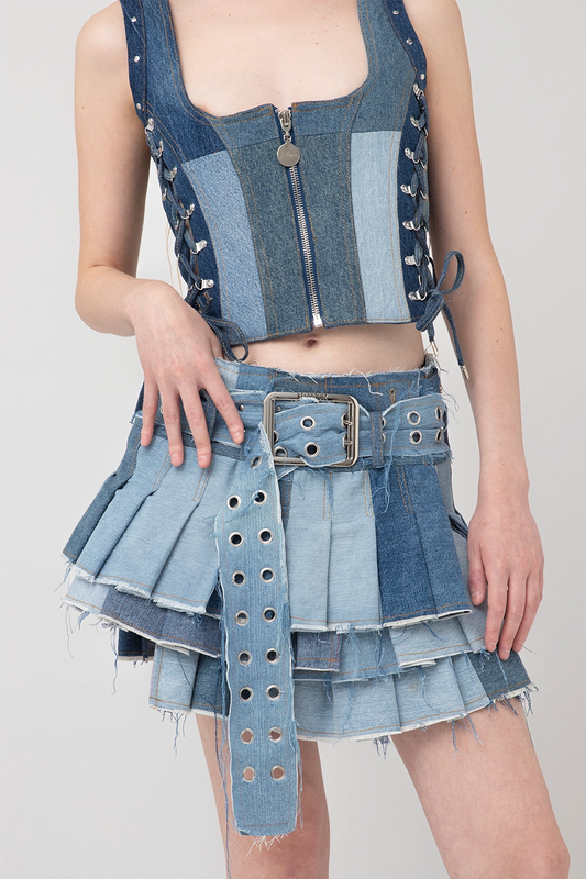 Upcycled Pleated Mini Skirt Blue