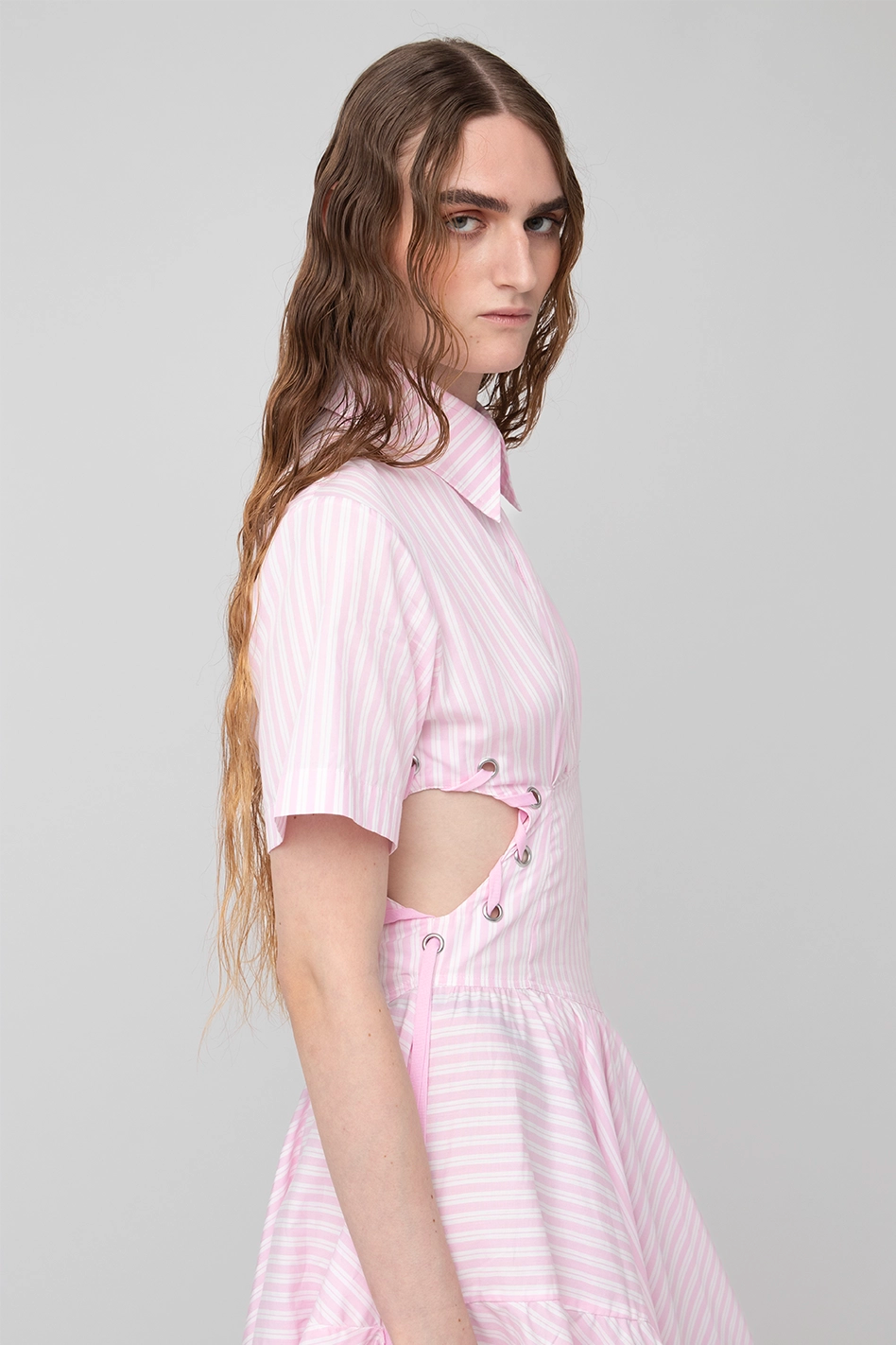 Pink Striped Frills Shirt Dress