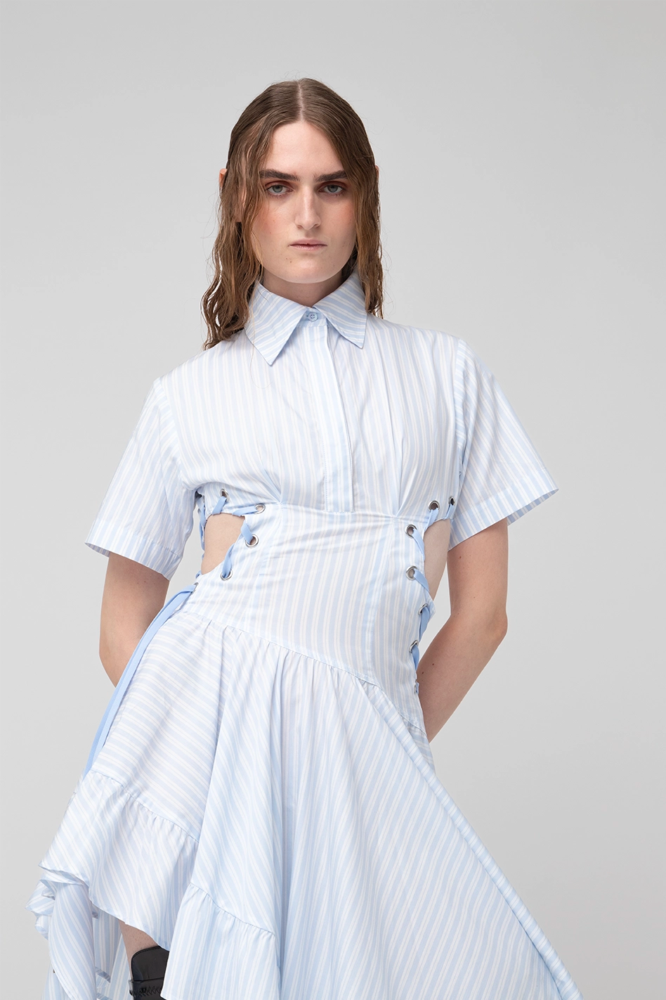 Blue Striped Frills Shirt Dress